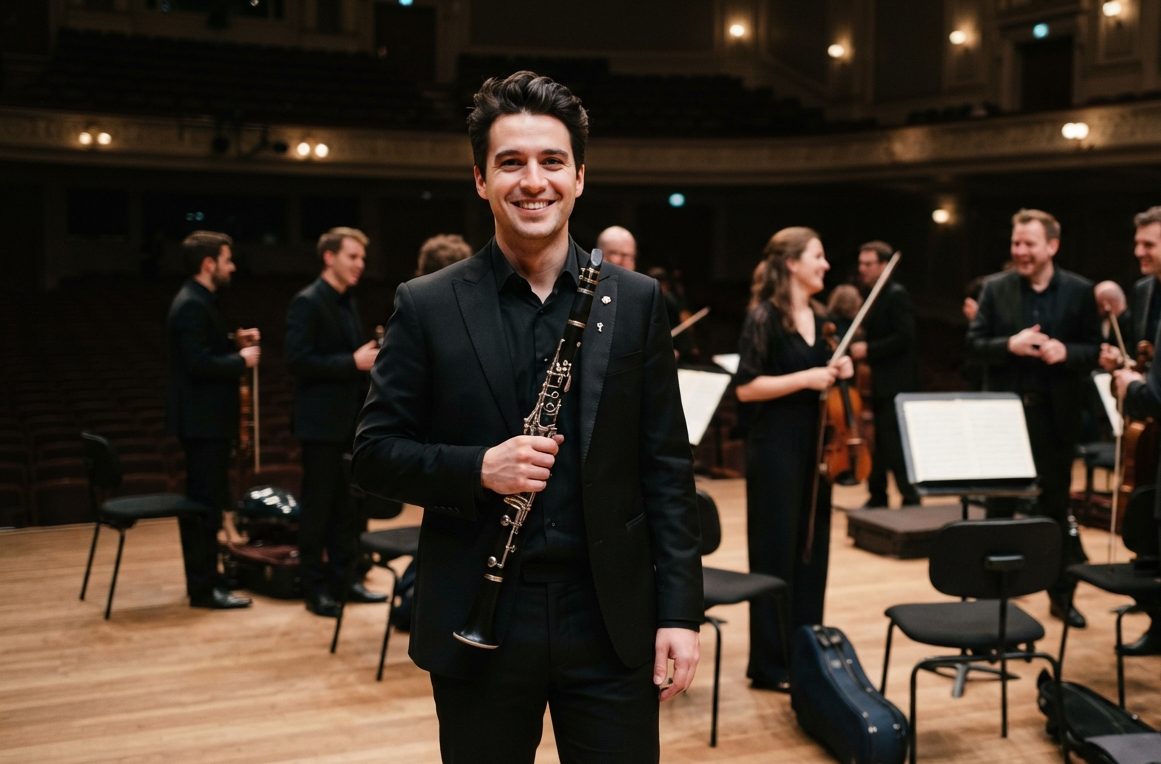 Clarinetista se apresentando com uma orquestra