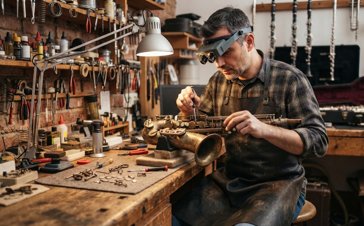 Luthier fazendo manutenção em um saxofone