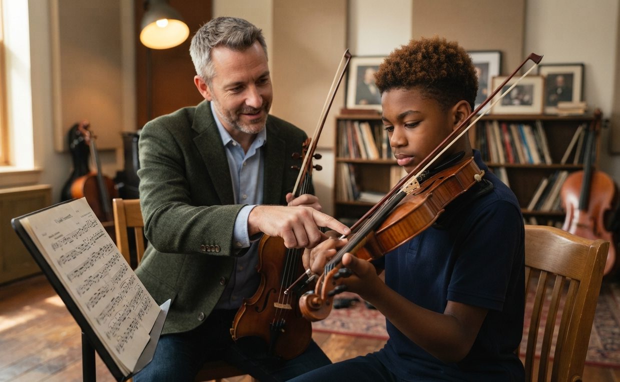 Professor de violino dando aula para um aluno